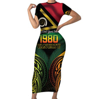 Vanuatu 1980 Family Matching Short Sleeve Bodycon Dress and Hawaiian Shirt Hapi 45 Yia Indipendens Anivesari LT14 Mom's Dress Black - Polynesian Pride