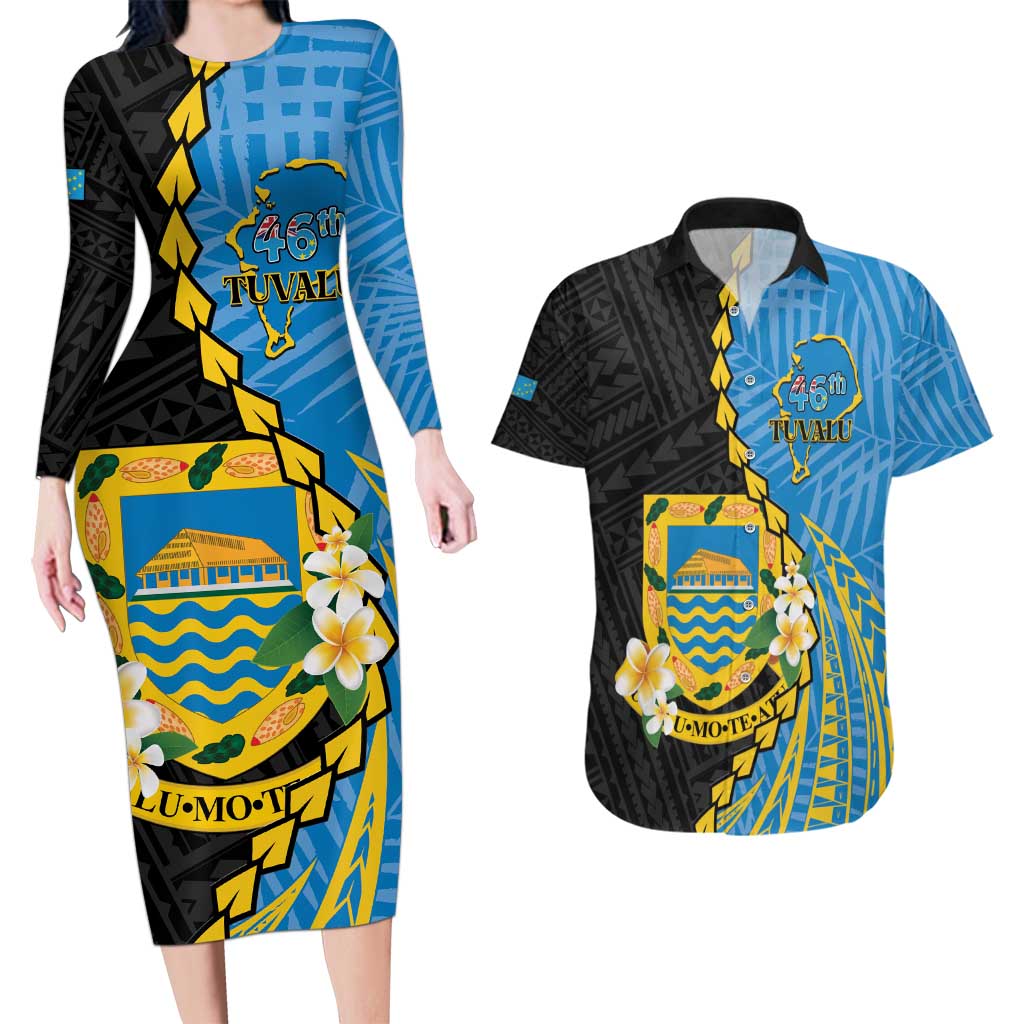 Tuvalu Independence Day Couples Matching Long Sleeve Bodycon Dress and Hawaiian Shirt Manuia te tutokotasi o Tuvaluan Dolphin Tattoo