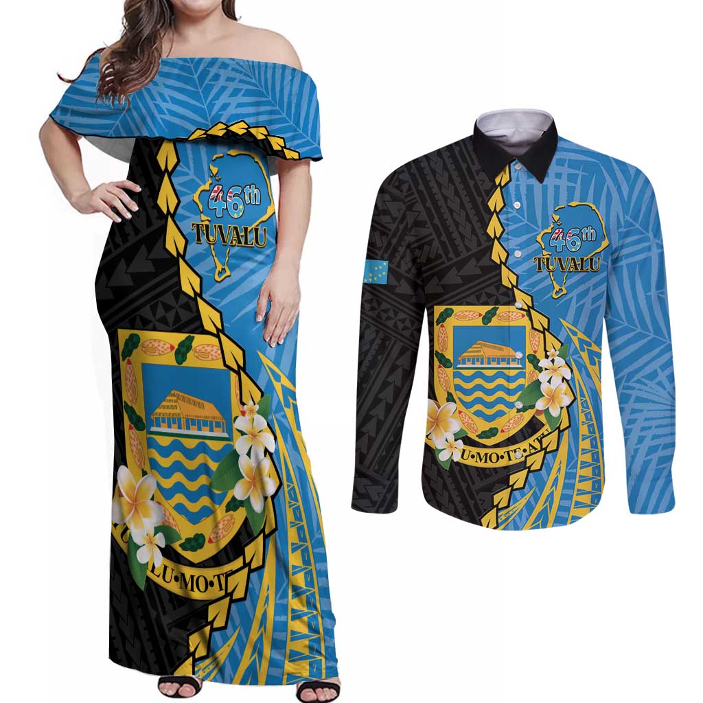 Tuvalu Independence Day Couples Matching Off Shoulder Maxi Dress and Long Sleeve Button Shirt Manuia te tutokotasi o Tuvaluan Dolphin Tattoo