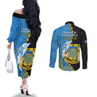 Tuvalu Independence Day Couples Matching Off The Shoulder Long Sleeve Dress and Long Sleeve Button Shirt Manuia te tutokotasi o Tuvaluan Dolphin Tattoo