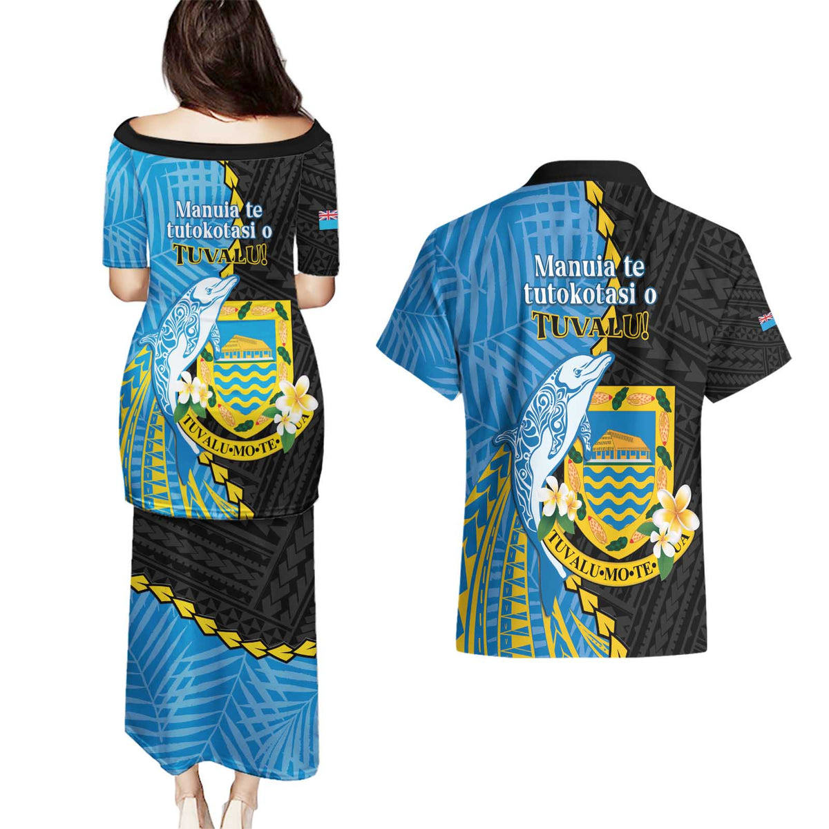 Tuvalu Independence Day Couples Matching Puletasi and Hawaiian Shirt Manuia te tutokotasi o Tuvaluan Dolphin Tattoo