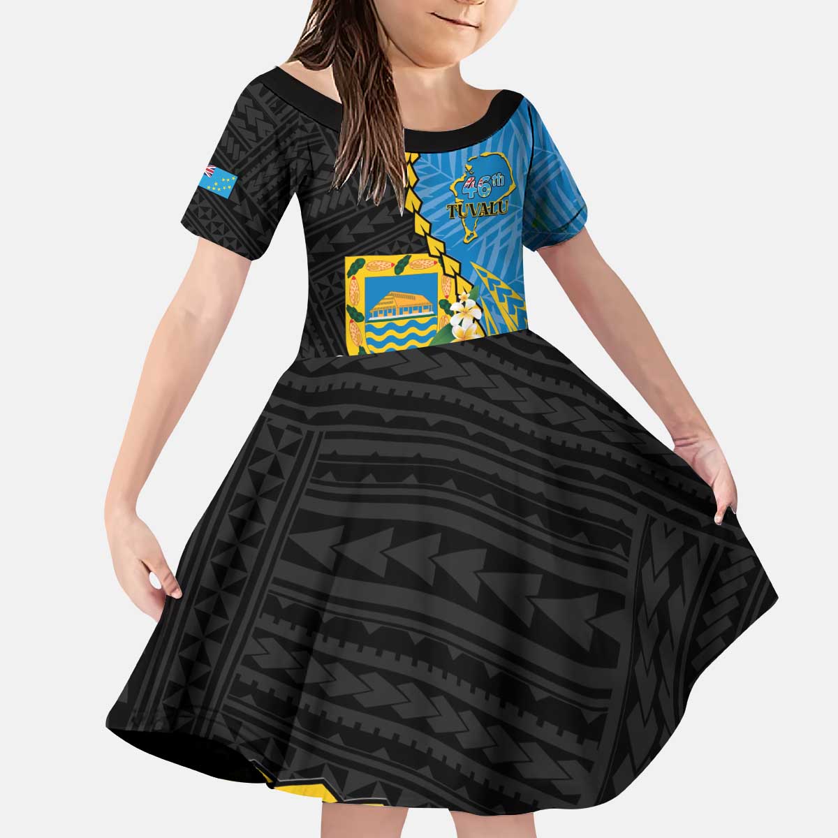 Tuvalu Independence Day Kid Short Sleeve Dress Manuia te tutokotasi o Tuvaluan Dolphin Tattoo