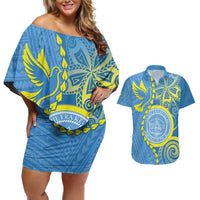 Personalised Palau Independence Day Couples Matching Off Shoulder Short Dress and Hawaiian Shirt Belau Coat Of Arms Polynesian Curve Style