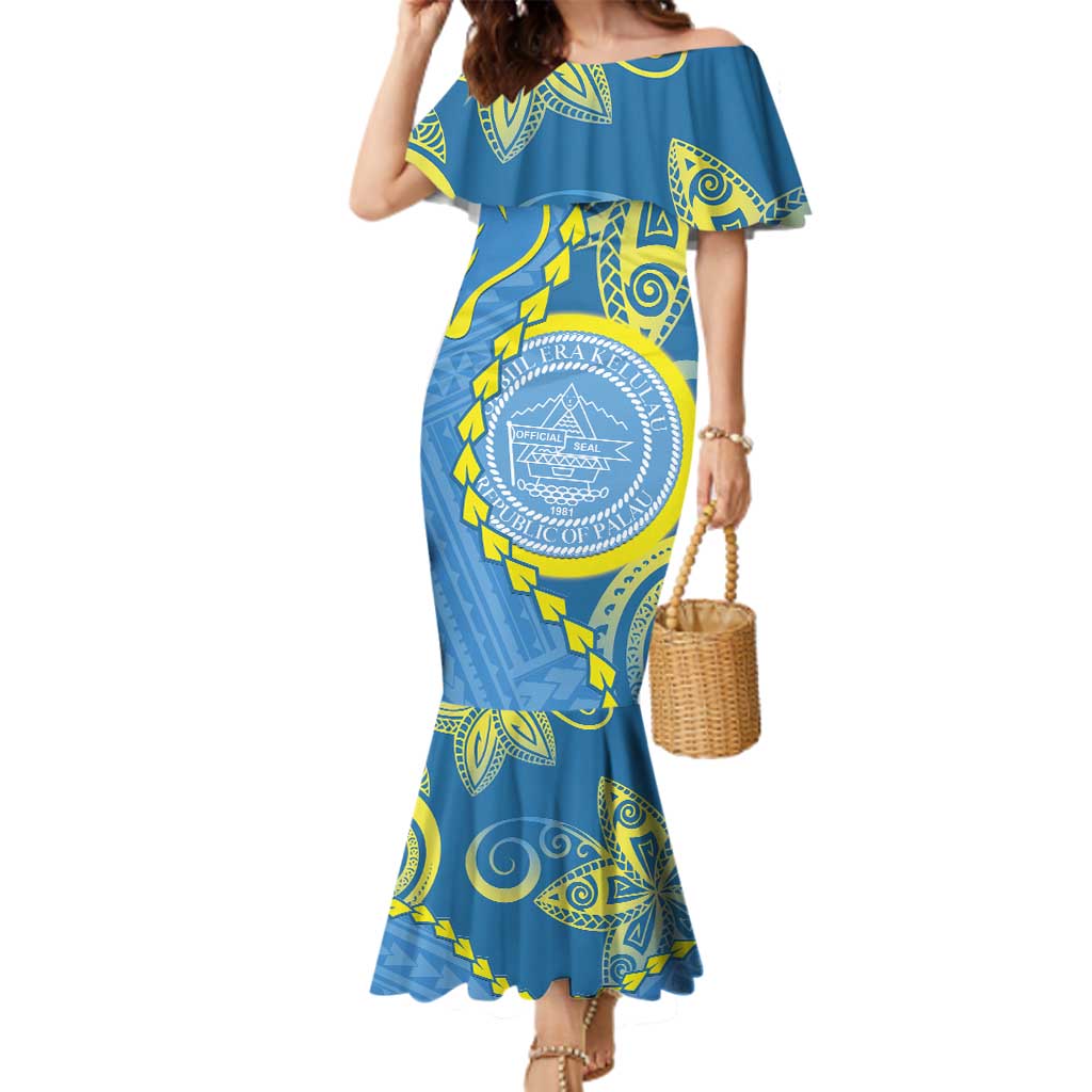 Personalised Palau Independence Day Family Matching Mermaid Dress and Hawaiian Shirt Belau Coat Of Arms Polynesian Curve Style