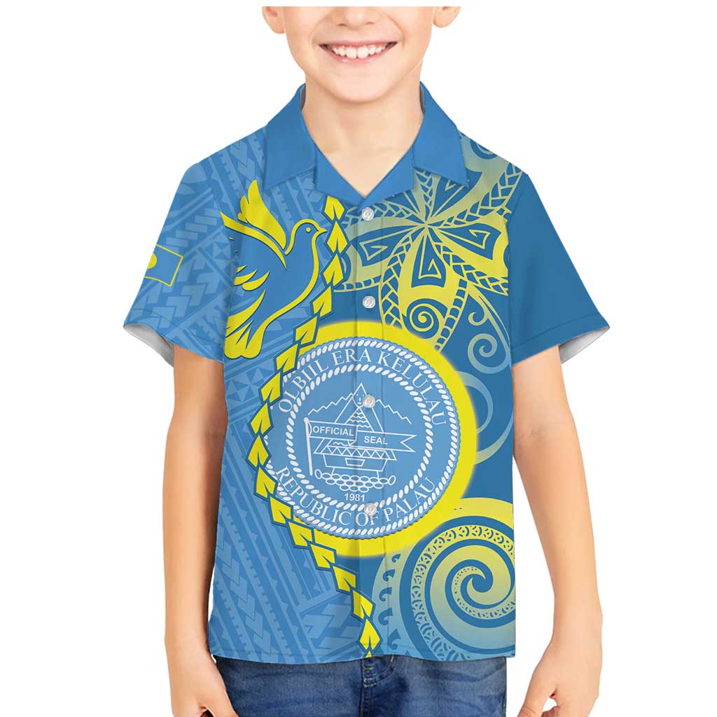 Personalised Palau Independence Day Family Matching Mermaid Dress and Hawaiian Shirt Belau Coat Of Arms Polynesian Curve Style