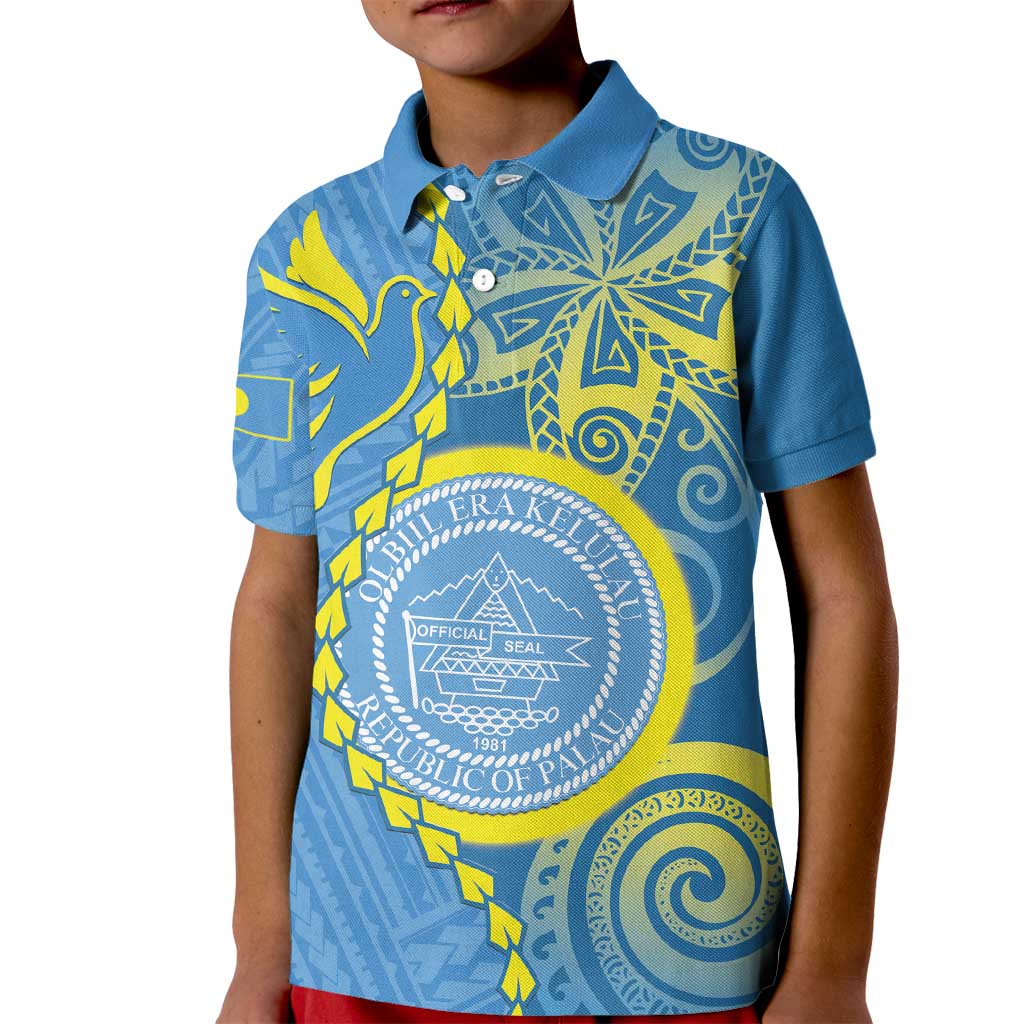 Personalised Palau Independence Day Kid Polo Shirt Belau Coat Of Arms Polynesian Curve Style