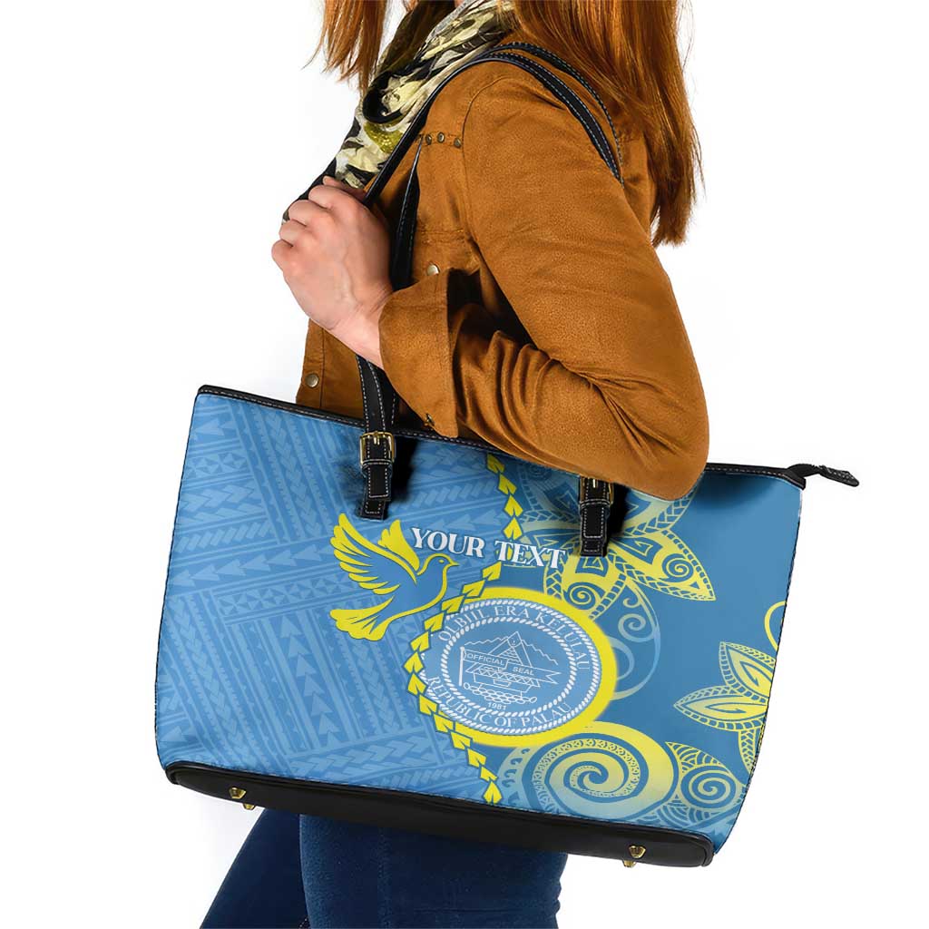 Personalised Palau Independence Day Leather Tote Bag Belau Coat Of Arms Polynesian Curve Style