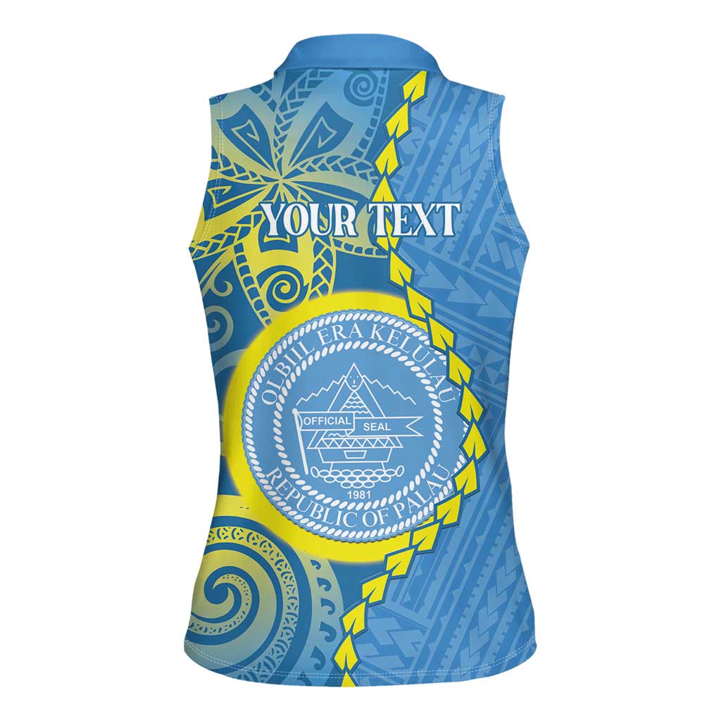 Personalised Palau Independence Day Women Sleeveless Polo Shirt Belau Coat Of Arms Polynesian Curve Style