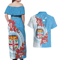 Personalised Fiji Day Couples Matching Off Shoulder Maxi Dress and Hawaiian Shirt Fijian Tapa Pattern Mix Tagimoucia - Blue Version