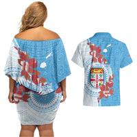 Personalised Fiji Day Couples Matching Off Shoulder Short Dress and Hawaiian Shirt Fijian Tapa Pattern Mix Tagimoucia - Blue Version LT14 - Polynesian Pride