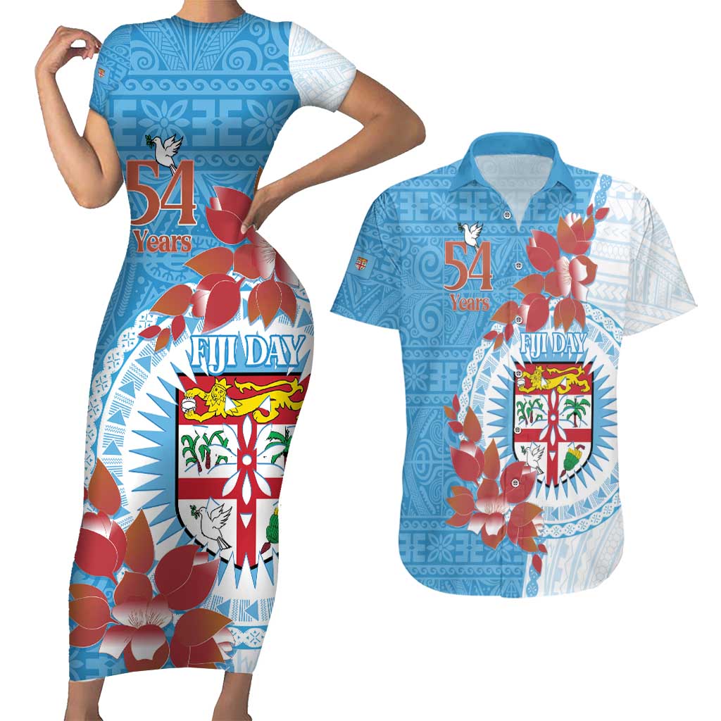 Personalised Fiji Day Couples Matching Short Sleeve Bodycon Dress and Hawaiian Shirt Fijian Tapa Pattern Mix Tagimoucia - Blue Version