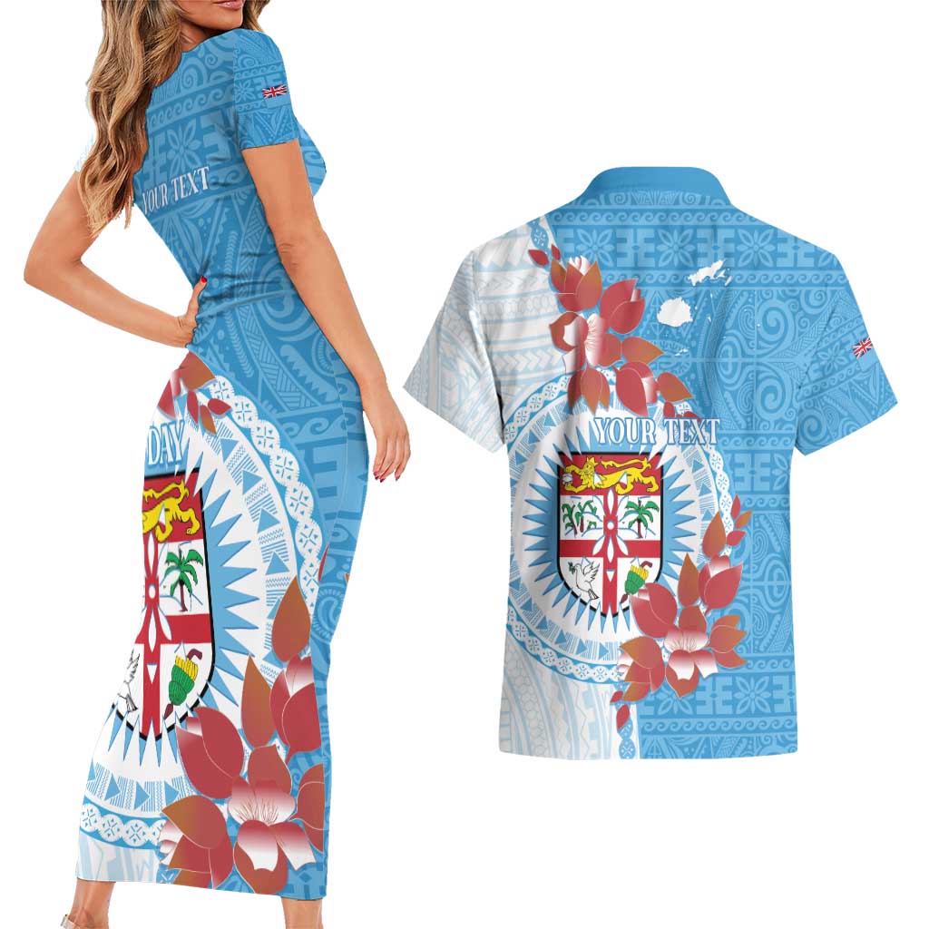 Personalised Fiji Day Couples Matching Short Sleeve Bodycon Dress and Hawaiian Shirt Fijian Tapa Pattern Mix Tagimoucia - Blue Version