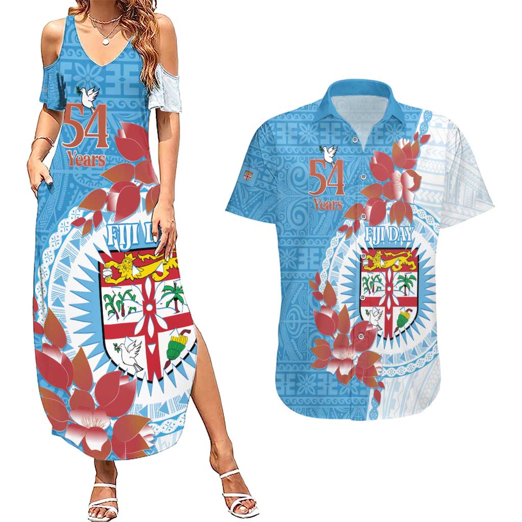 Personalised Fiji Day Couples Matching Summer Maxi Dress and Hawaiian Shirt Fijian Tapa Pattern Mix Tagimoucia - Blue Version LT14 Blue - Polynesian Pride