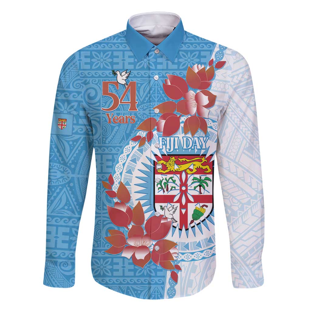 Personalised Fiji Day Family Matching Mermaid Dress and Hawaiian Shirt Fijian Tapa Pattern Mix Tagimoucia - Blue Version LT14 Dad's Shirt - Long Sleeve Blue - Polynesian Pride