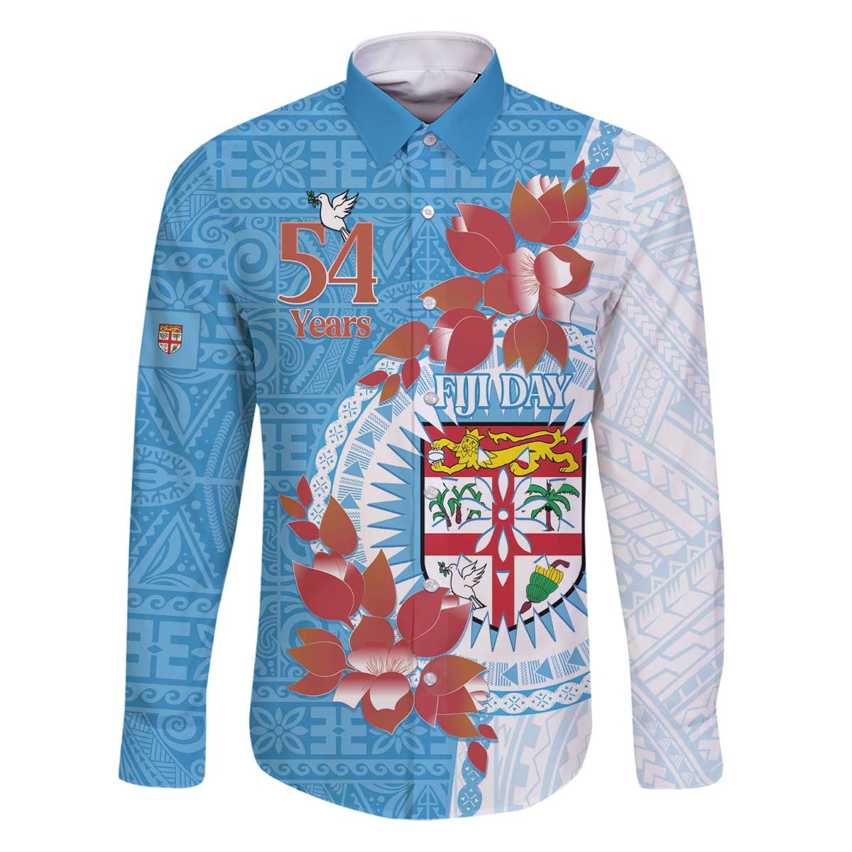 Personalised Fiji Day Family Matching Puletasi and Hawaiian Shirt Fijian Tapa Pattern Mix Tagimoucia - Blue Version LT14 Dad's Shirt - Long Sleeve Blue - Polynesian Pride