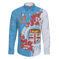 Personalised Fiji Day Family Matching Puletasi and Hawaiian Shirt Fijian Tapa Pattern Mix Tagimoucia - Blue Version LT14 Dad's Shirt - Long Sleeve Blue - Polynesian Pride