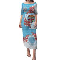 Personalised Fiji Day Family Matching Puletasi and Hawaiian Shirt Fijian Tapa Pattern Mix Tagimoucia - Blue Version LT14 Mom's Dress Blue - Polynesian Pride
