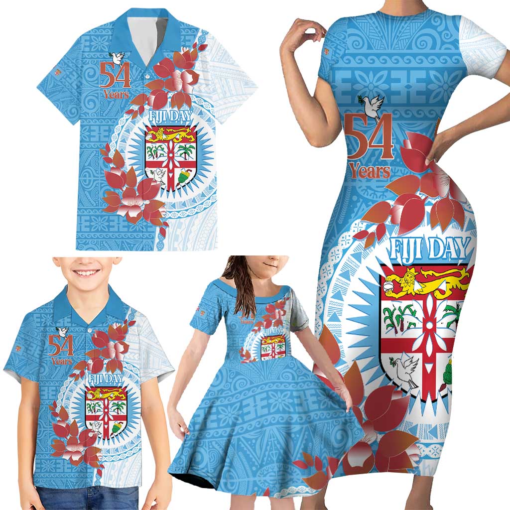 Personalised Fiji Day Family Matching Short Sleeve Bodycon Dress and Hawaiian Shirt Fijian Tapa Pattern Mix Tagimoucia - Blue Version LT14 - Polynesian Pride