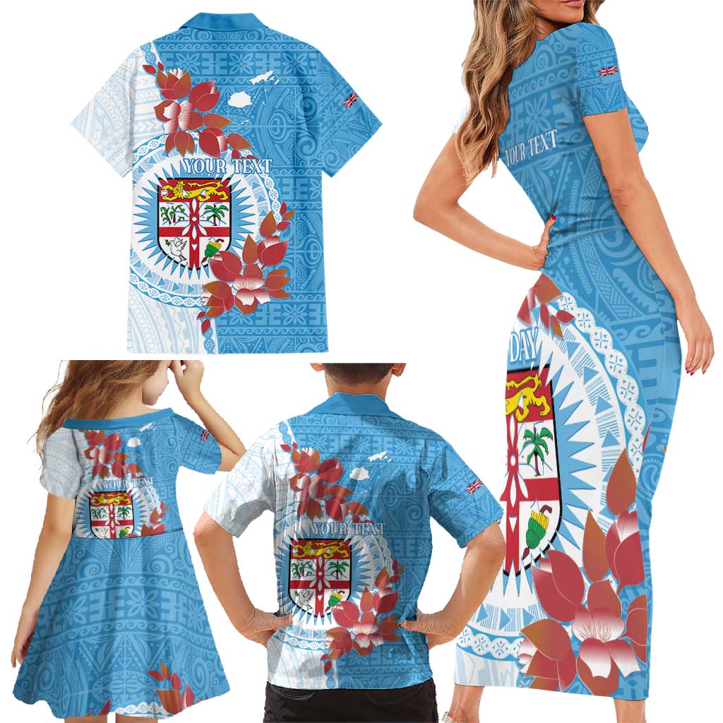 Personalised Fiji Day Family Matching Short Sleeve Bodycon Dress and Hawaiian Shirt Fijian Tapa Pattern Mix Tagimoucia - Blue Version LT14 - Polynesian Pride