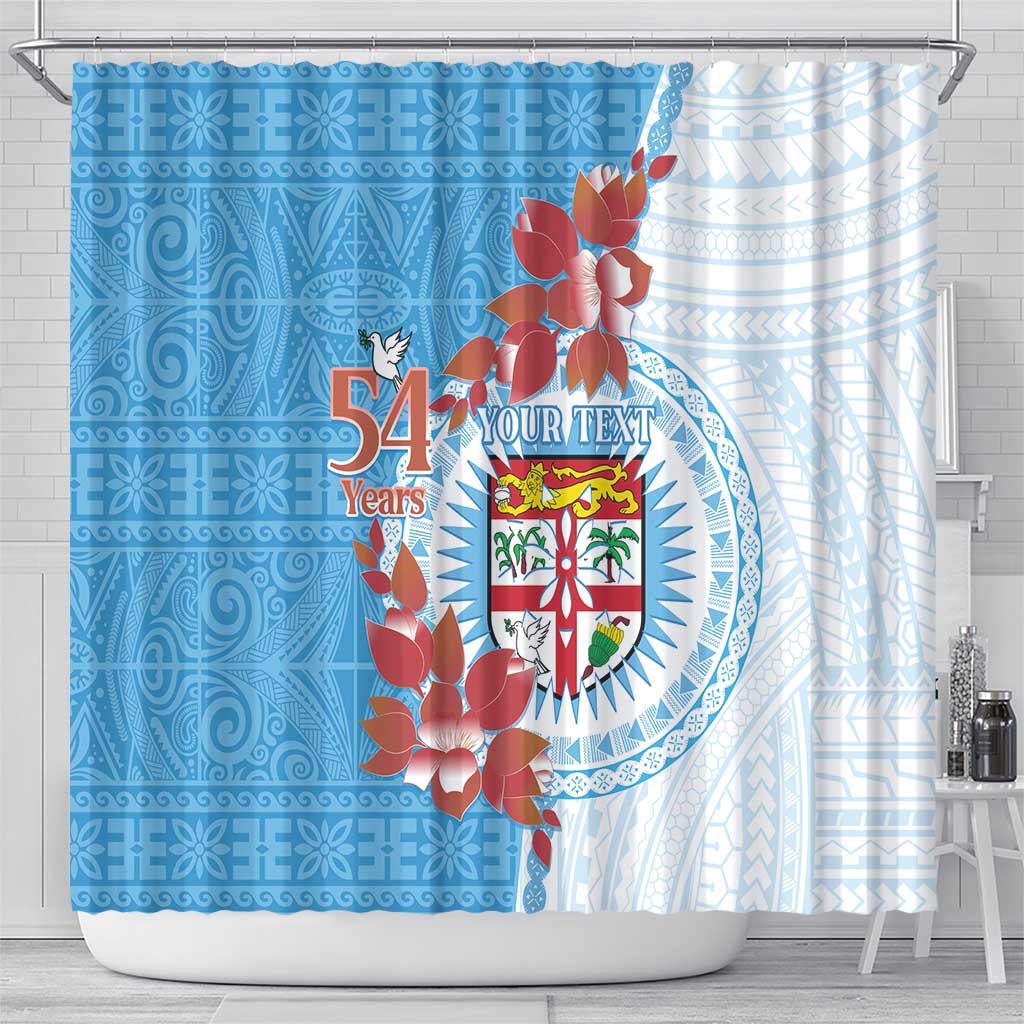 Personalised Fiji Day Shower Curtain Fijian Tapa Pattern Mix Tagimoucia - Blue Version
