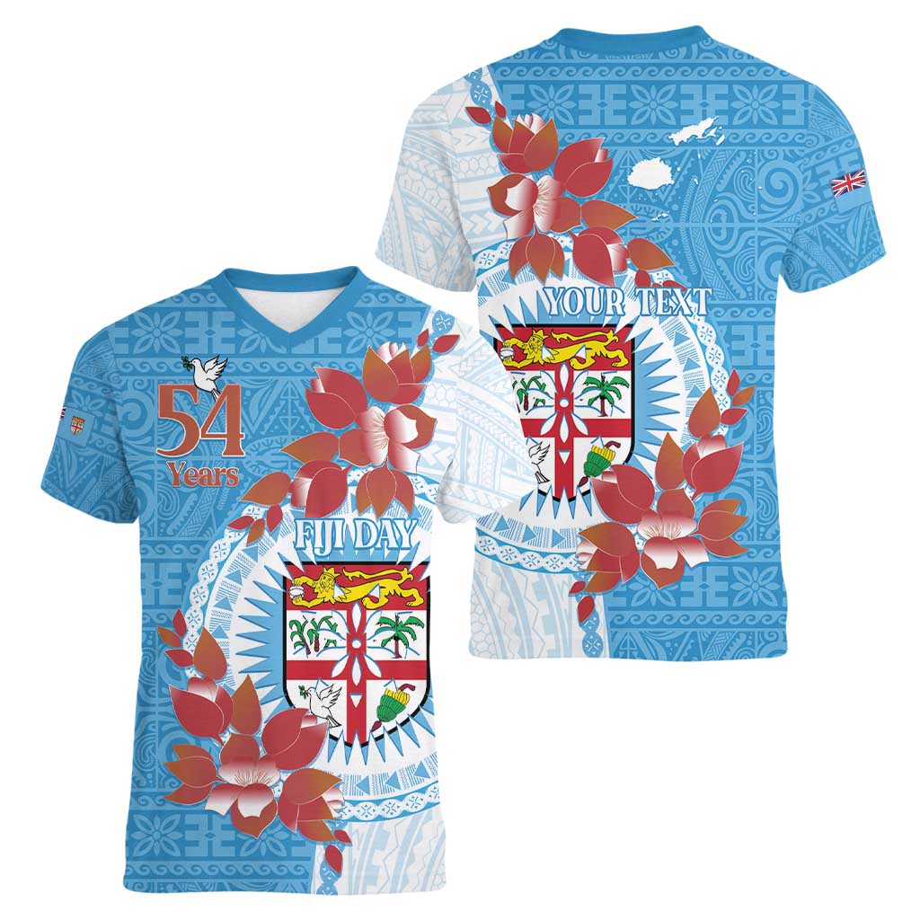 Personalised Fiji Day Women V-Neck T-Shirt Fijian Tapa Pattern Mix Tagimoucia - Blue Version