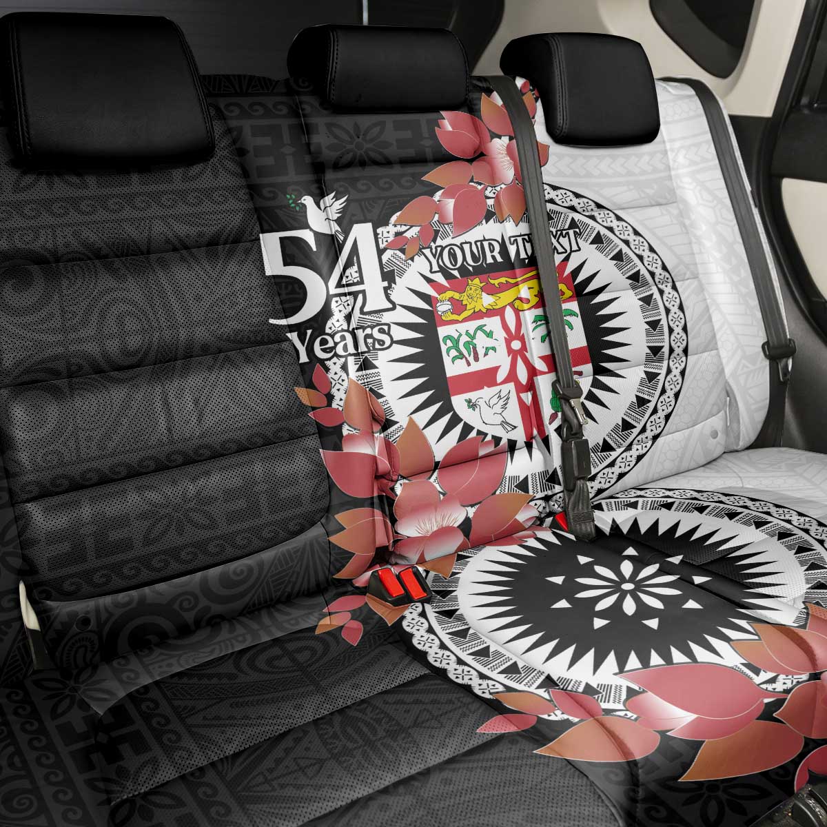 Personalised Fiji Day Back Car Seat Cover Fijian Tapa Pattern Mix Tagimoucia - Black Version