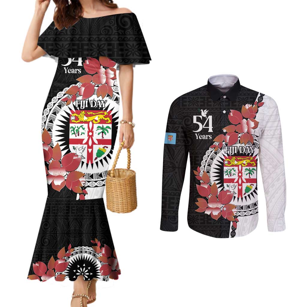 Personalised Fiji Day Couples Matching Mermaid Dress and Long Sleeve Button Shirt Fijian Tapa Pattern Mix Tagimoucia - Black Version LT14 Black - Polynesian Pride