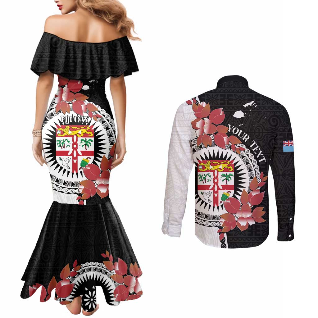Personalised Fiji Day Couples Matching Mermaid Dress and Long Sleeve Button Shirt Fijian Tapa Pattern Mix Tagimoucia - Black Version LT14 - Polynesian Pride
