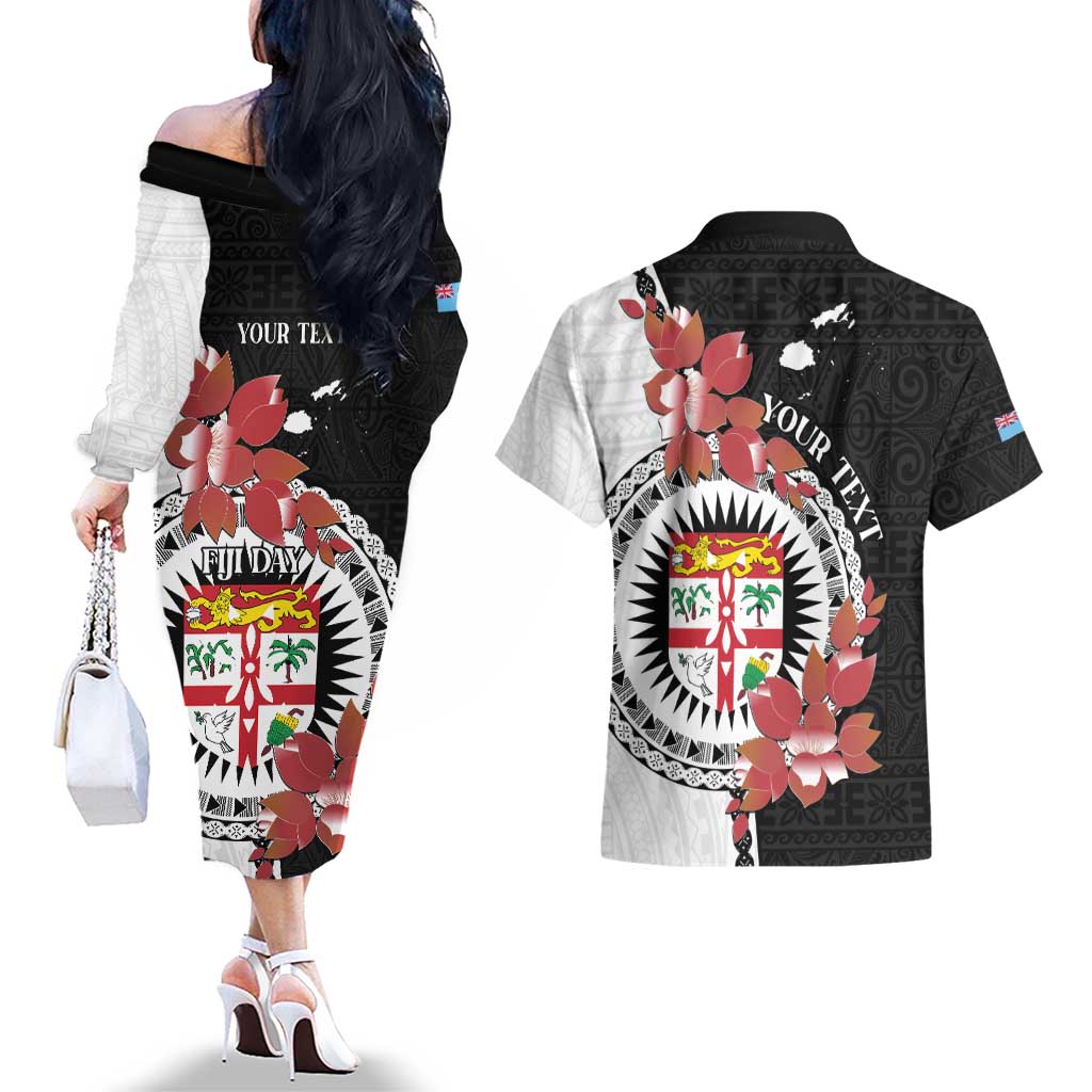 Personalised Fiji Day Couples Matching Off The Shoulder Long Sleeve Dress and Hawaiian Shirt Fijian Tapa Pattern Mix Tagimoucia - Black Version