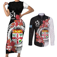 Personalised Fiji Day Couples Matching Short Sleeve Bodycon Dress and Long Sleeve Button Shirt Fijian Tapa Pattern Mix Tagimoucia - Black Version LT14 Black - Polynesian Pride
