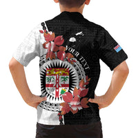 Personalised Fiji Day Family Matching Long Sleeve Bodycon Dress and Hawaiian Shirt Fijian Tapa Pattern Mix Tagimoucia - Black Version LT14 - Polynesian Pride