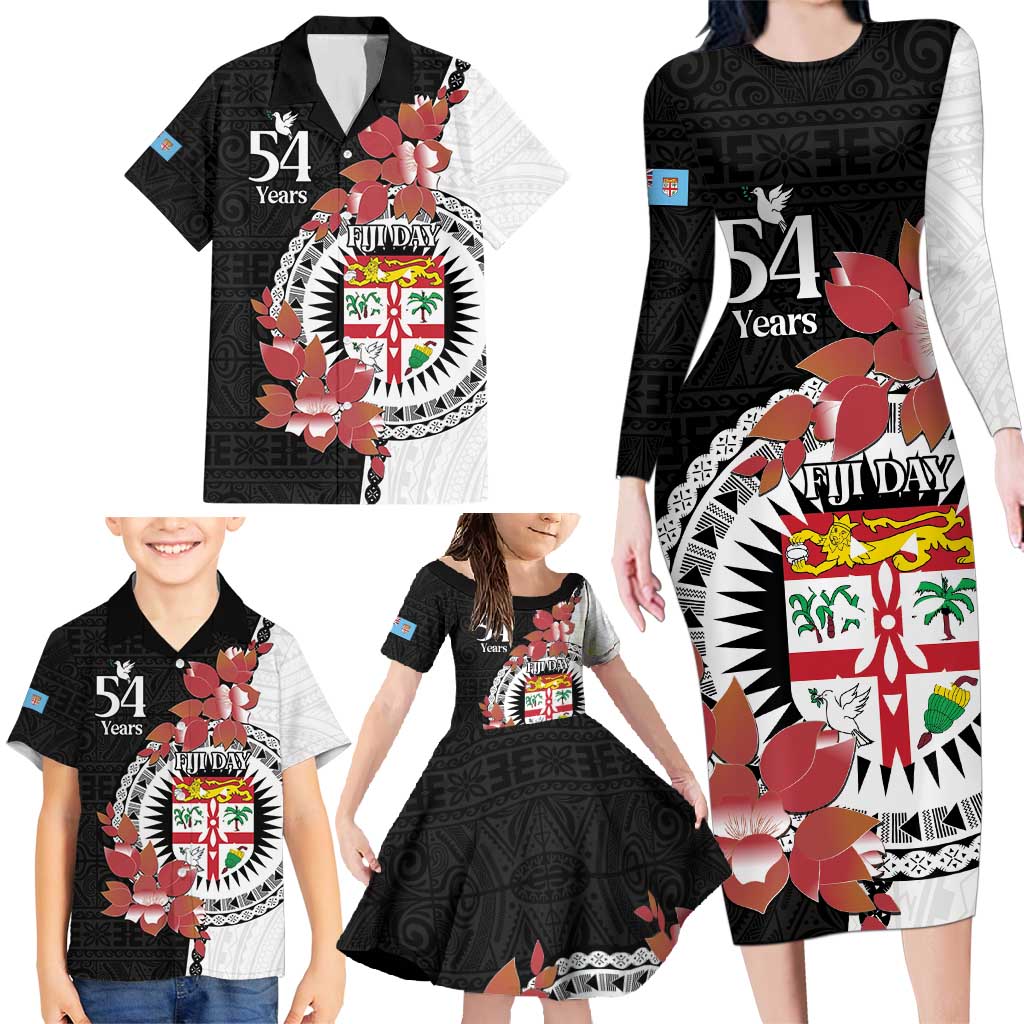 Personalised Fiji Day Family Matching Long Sleeve Bodycon Dress and Hawaiian Shirt Fijian Tapa Pattern Mix Tagimoucia - Black Version LT14 - Polynesian Pride