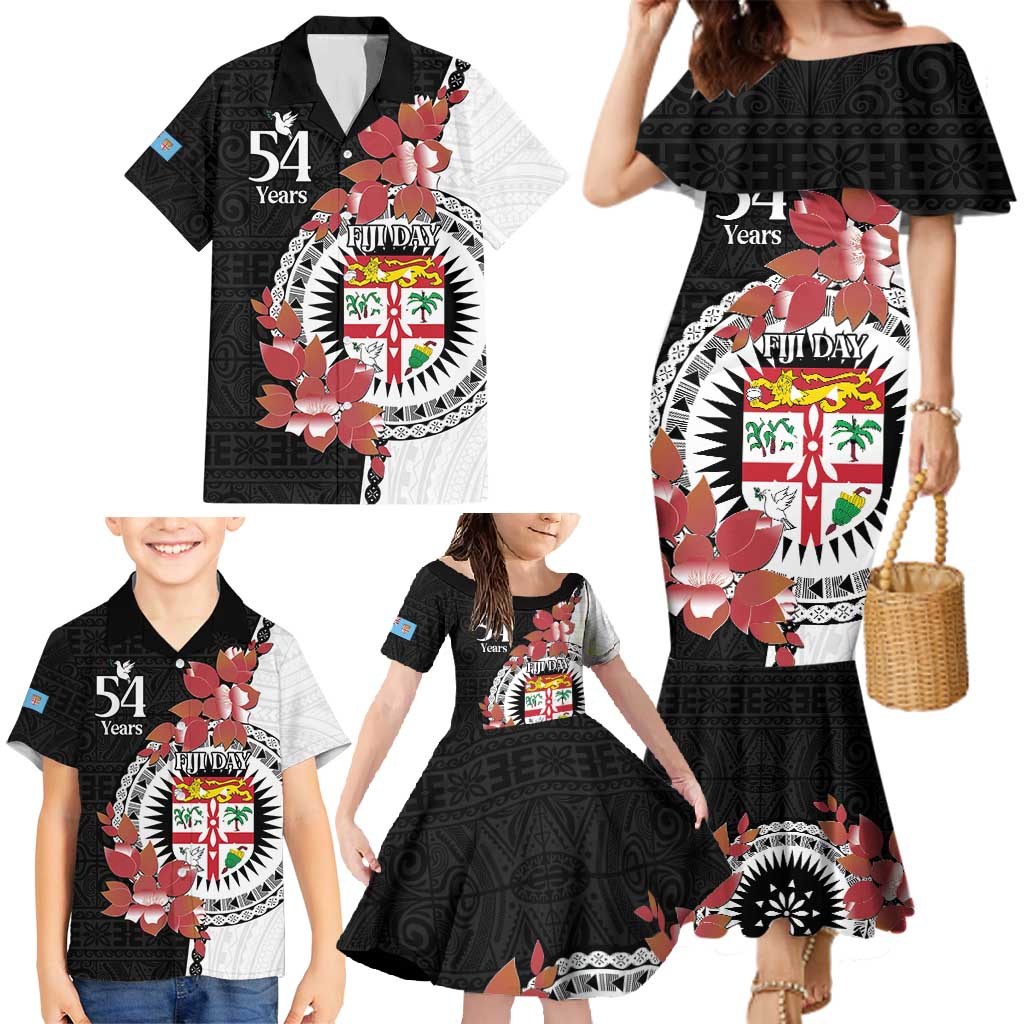 Personalised Fiji Day Family Matching Mermaid Dress and Hawaiian Shirt Fijian Tapa Pattern Mix Tagimoucia - Black Version LT14 - Polynesian Pride