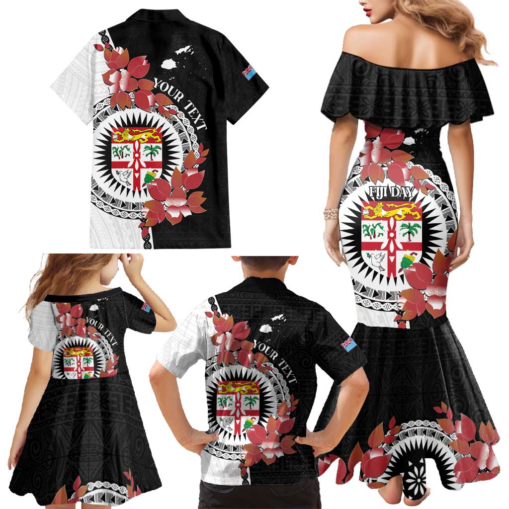 Personalised Fiji Day Family Matching Mermaid Dress and Hawaiian Shirt Fijian Tapa Pattern Mix Tagimoucia - Black Version LT14 - Polynesian Pride