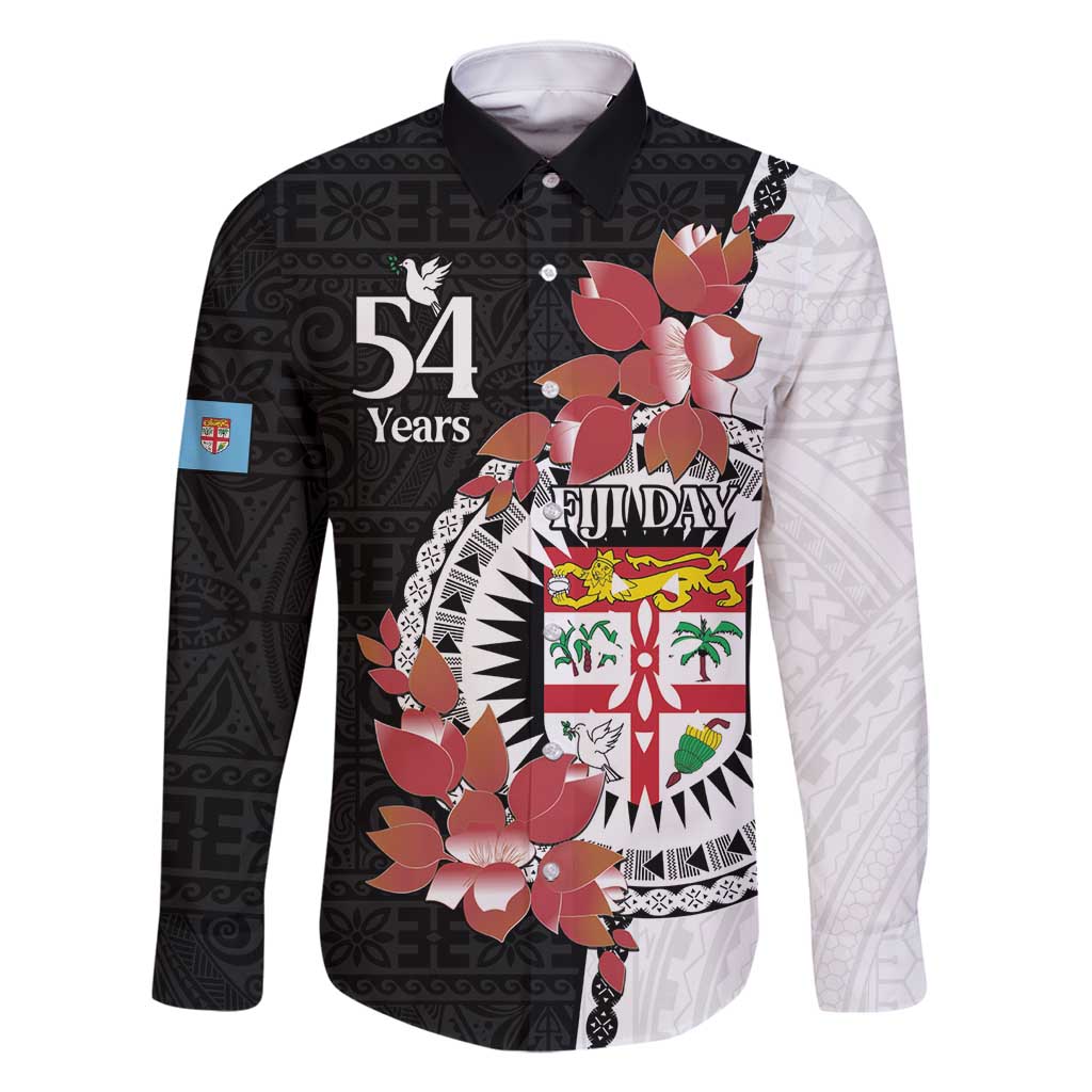 Personalised Fiji Day Family Matching Mermaid Dress and Hawaiian Shirt Fijian Tapa Pattern Mix Tagimoucia - Black Version LT14 Dad's Shirt - Long Sleeve Black - Polynesian Pride