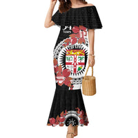 Personalised Fiji Day Family Matching Mermaid Dress and Hawaiian Shirt Fijian Tapa Pattern Mix Tagimoucia - Black Version LT14 Mom's Dress Black - Polynesian Pride