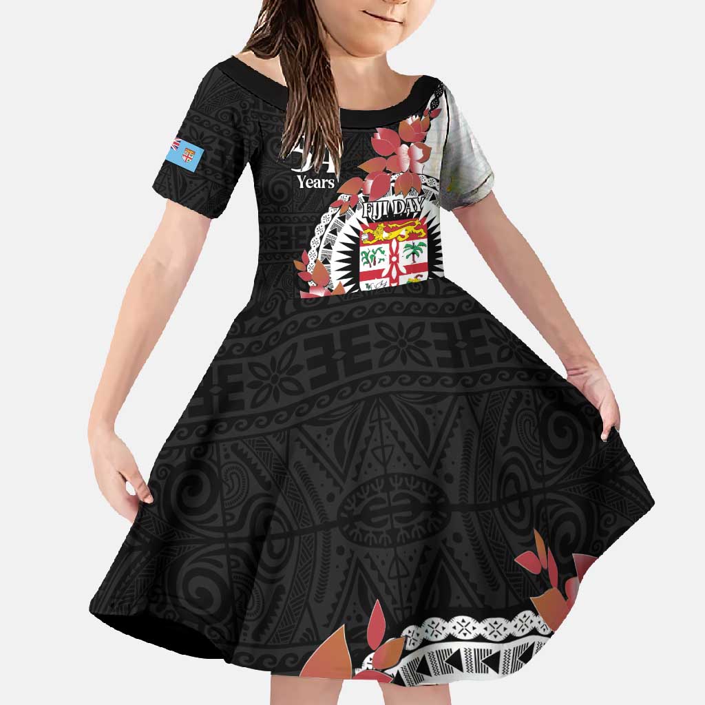 Personalised Fiji Day Family Matching Short Sleeve Bodycon Dress and Hawaiian Shirt Fijian Tapa Pattern Mix Tagimoucia - Black Version LT14 Daughter's Dress Black - Polynesian Pride