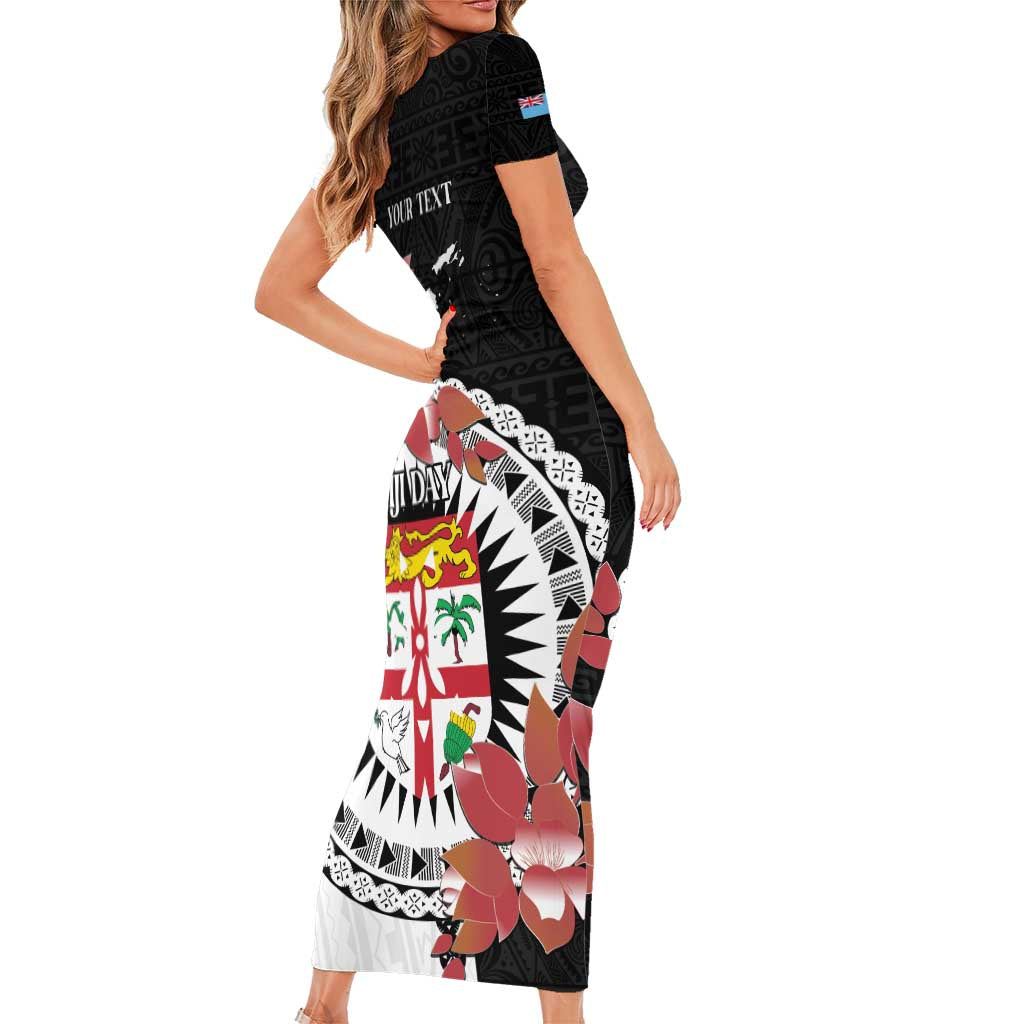 Personalised Fiji Day Family Matching Short Sleeve Bodycon Dress and Hawaiian Shirt Fijian Tapa Pattern Mix Tagimoucia - Black Version LT14 - Polynesian Pride