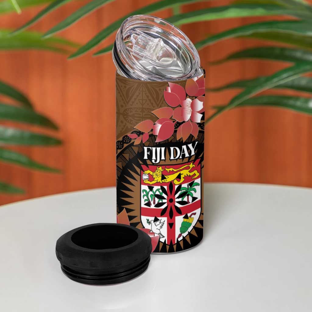 Personalised Fiji Day 4 in 1 Can Cooler Tumbler Fijian Tapa Pattern Mix Tagimoucia - Brown Version