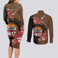 Personalised Fiji Day Couples Matching Long Sleeve Bodycon Dress and Long Sleeve Button Shirt Fijian Tapa Pattern Mix Tagimoucia - Brown Version LT14 - Polynesian Pride