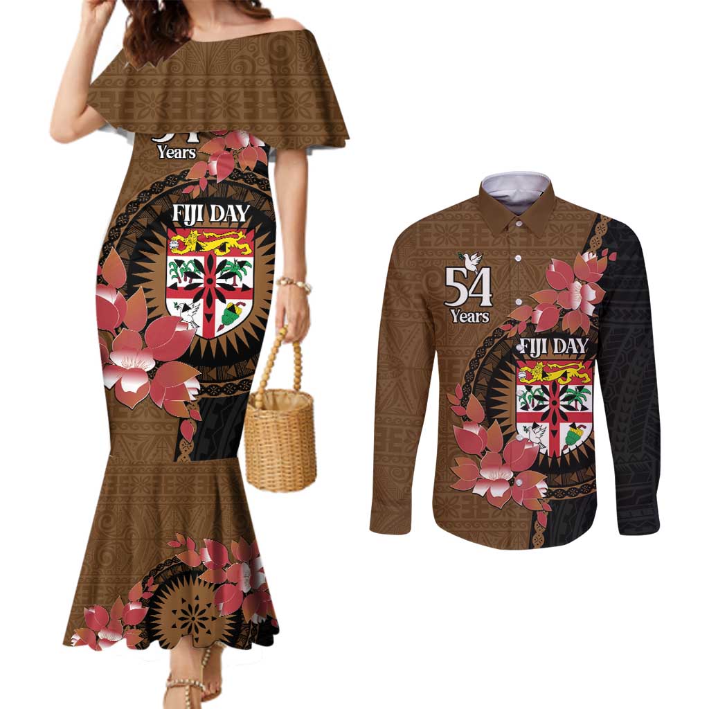 Personalised Fiji Day Couples Matching Mermaid Dress and Long Sleeve Button Shirt Fijian Tapa Pattern Mix Tagimoucia - Brown Version LT14 Brown - Polynesian Pride