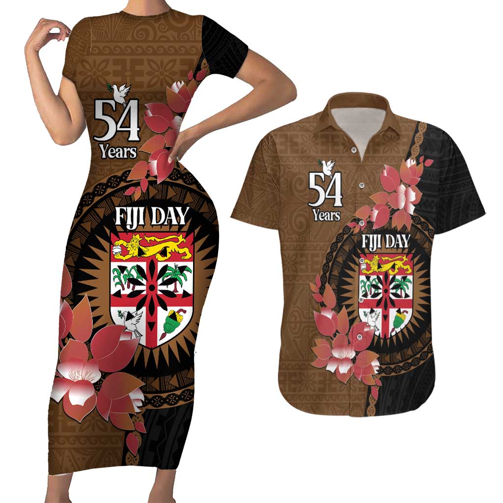 Personalised Fiji Day Couples Matching Short Sleeve Bodycon Dress and Hawaiian Shirt Fijian Tapa Pattern Mix Tagimoucia - Brown Version