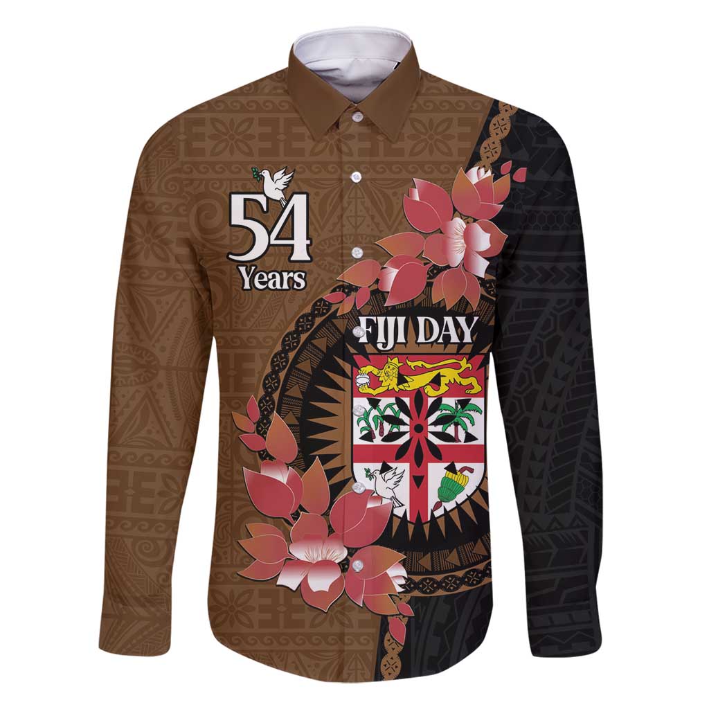 Personalised Fiji Day Family Matching Mermaid Dress and Hawaiian Shirt Fijian Tapa Pattern Mix Tagimoucia - Brown Version LT14 Dad's Shirt - Long Sleeve Brown - Polynesian Pride