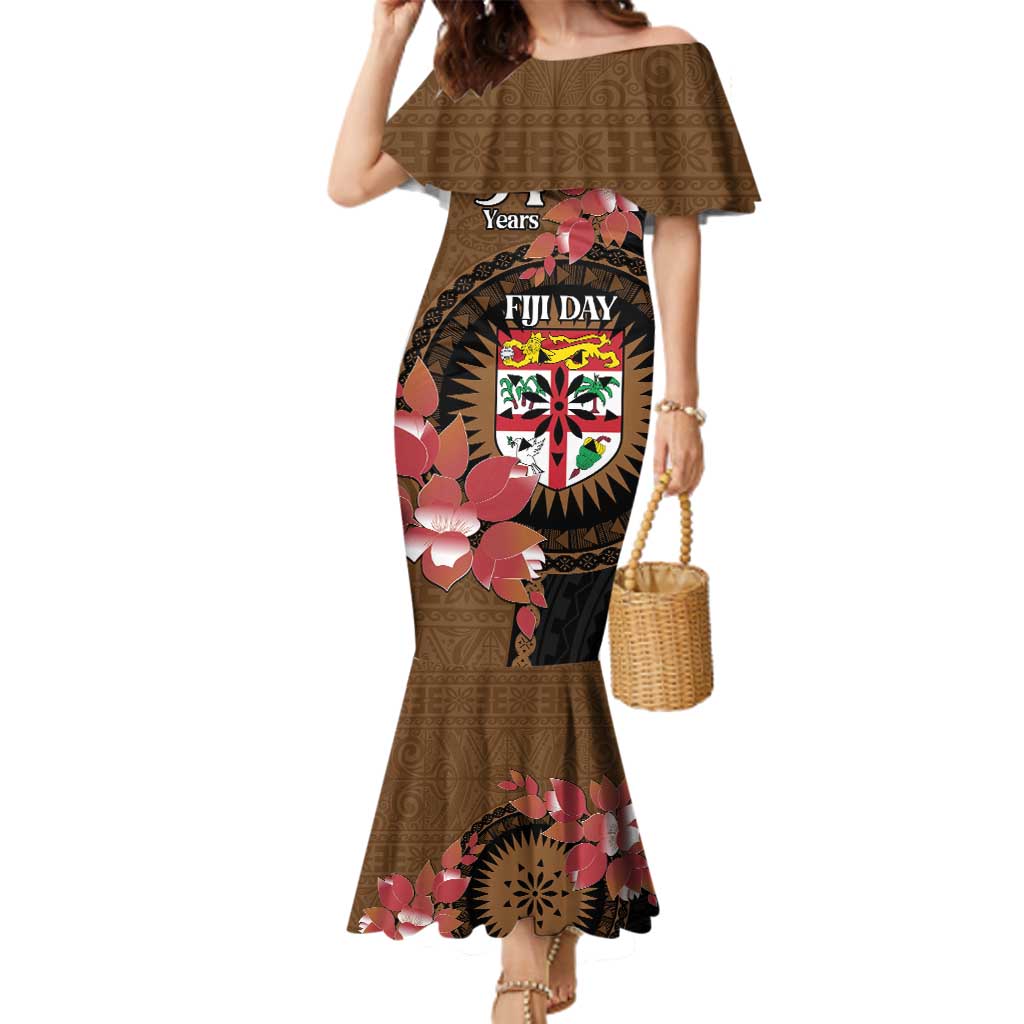 Personalised Fiji Day Family Matching Mermaid Dress and Hawaiian Shirt Fijian Tapa Pattern Mix Tagimoucia - Brown Version LT14 Mom's Dress Brown - Polynesian Pride
