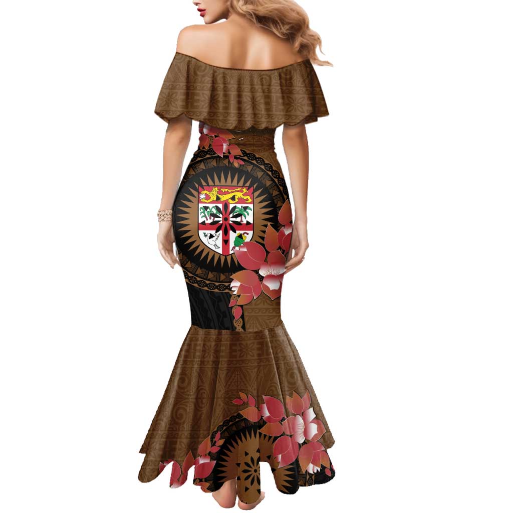 Personalised Fiji Day Family Matching Mermaid Dress and Hawaiian Shirt Fijian Tapa Pattern Mix Tagimoucia - Brown Version LT14 - Polynesian Pride