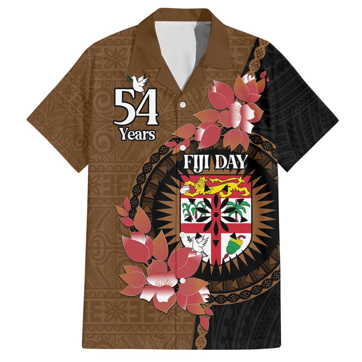 Personalised Fiji Day Family Matching Puletasi and Hawaiian Shirt Fijian Tapa Pattern Mix Tagimoucia - Brown Version LT14 Dad's Shirt - Short Sleeve Brown - Polynesian Pride