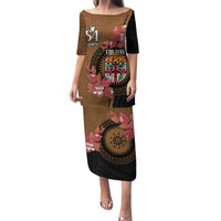 Personalised Fiji Day Family Matching Puletasi and Hawaiian Shirt Fijian Tapa Pattern Mix Tagimoucia - Brown Version LT14 Mom's Dress Brown - Polynesian Pride
