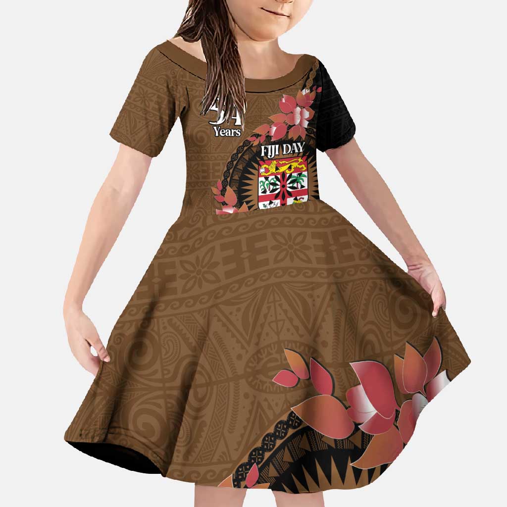 Personalised Fiji Day Family Matching Short Sleeve Bodycon Dress and Hawaiian Shirt Fijian Tapa Pattern Mix Tagimoucia - Brown Version LT14 Daughter's Dress Brown - Polynesian Pride