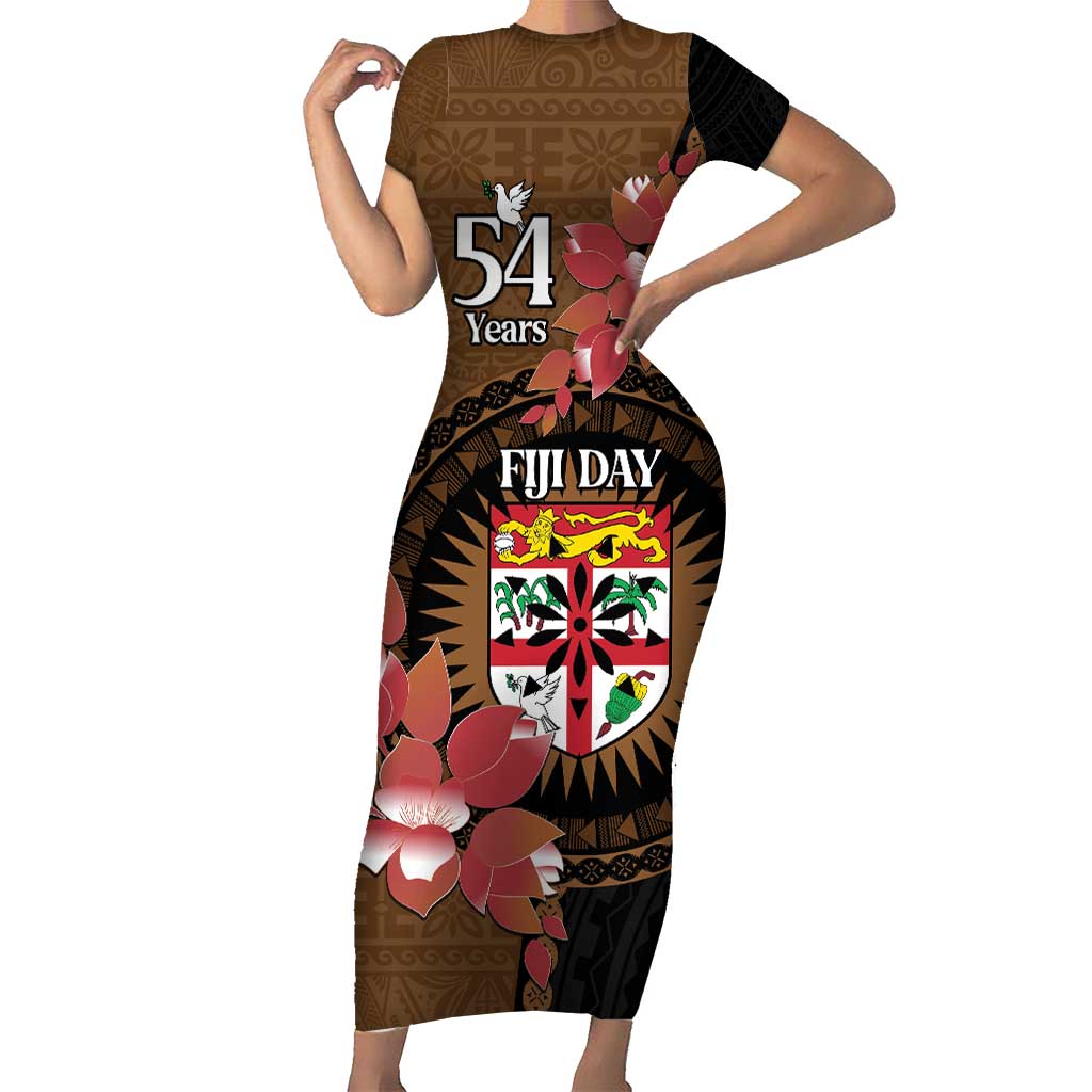Personalised Fiji Day Family Matching Short Sleeve Bodycon Dress and Hawaiian Shirt Fijian Tapa Pattern Mix Tagimoucia - Brown Version LT14 Mom's Dress Brown - Polynesian Pride