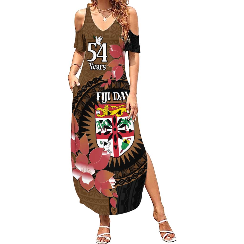 Personalised Fiji Day Summer Maxi Dress Fijian Tapa Pattern Mix Tagimoucia - Brown Version